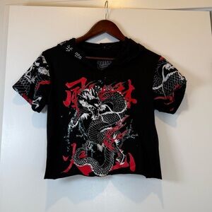 Fresh Laundry Womens Black and Red Dragon Hooded Festival Tee